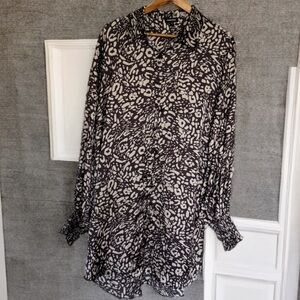 💜🩶Mittoshop Leopard Print Button Front Tunic Dress Smocked Cuff Long Sleeve L